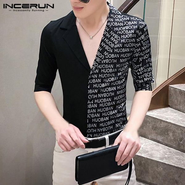 

incerun fashion men shirt printed patchwork 2020 turn-down collar half sleeve blouse korean camisa masculina streetwear s-5xl1, White;black