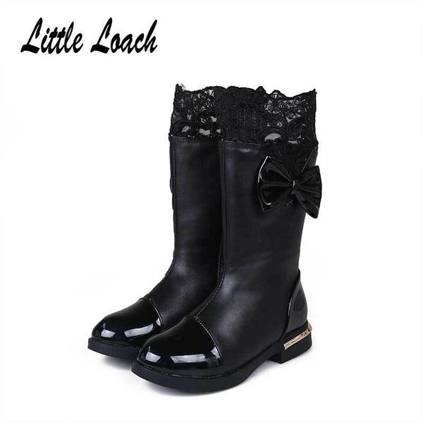 

children's for girls lace bowtie mid-calf fashion boots princess winter flats dress black red pink snow shoes
