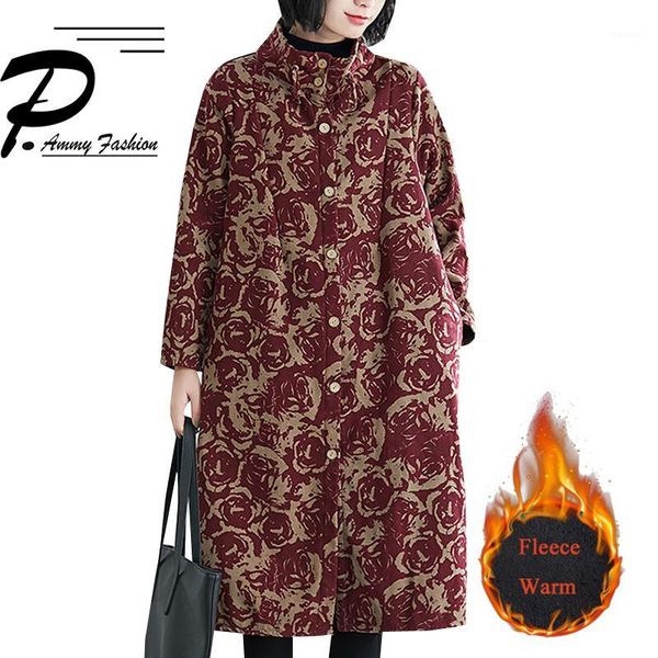 

2019 winter new cotton and linen printing plus velvet windbreaker jacket loose retro large size wild warm long coat1, Black;white