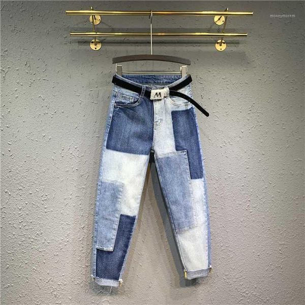 

women's jeans streetwear 2021 denim pants plus size women high waist personality stitching patch harem loose femme1, Blue