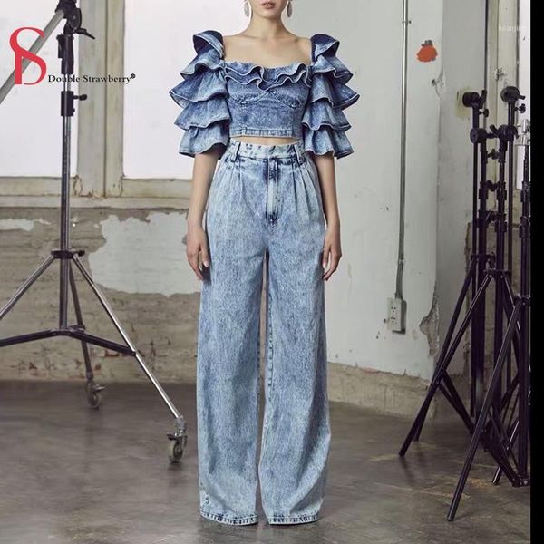 

double strawberry autumn new fashion personality layered ruffled denim jacket and high-waist straight-leg pants1, Gray