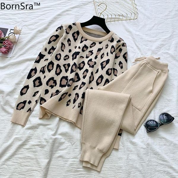 

women's tracksuits bornsra autumn winter women knitted suit leopard pullovers sweater pants 2 piece set female tracksuit harem, Gray