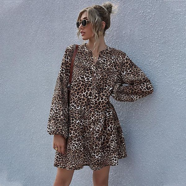 

autumn winter leopard print dress women 2020 new ruffles high waist full sleeve a line dress female casual1, Black;gray