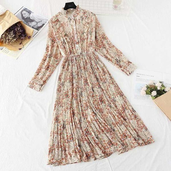 

spring summer women sweet pleated dress elastic waist long sleeve button ruffles print chiffon dress fashion casual midi dresses1, Black;gray
