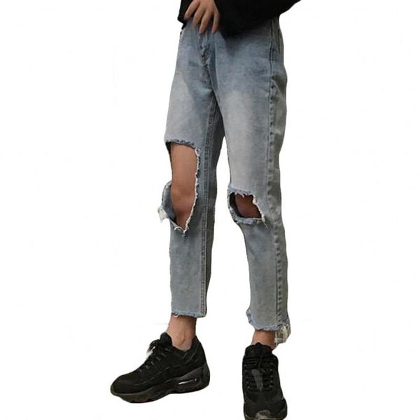 

women's jeans ripped hole high waist loose femme woman 7js028, Blue