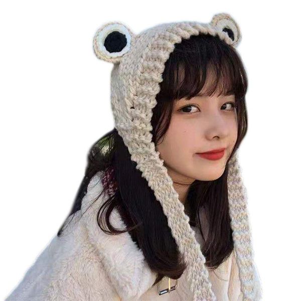 

women men cute frog eyes weave knitted skullies beanie hat solid color chunky crochet harajuku winter warm earflap cap, Blue;gray
