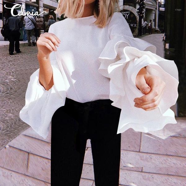 

celmia women elegant ruffles blouse 2020 fashion long sleeve shirts work office ladies casual loose solid blusas plus size1, White