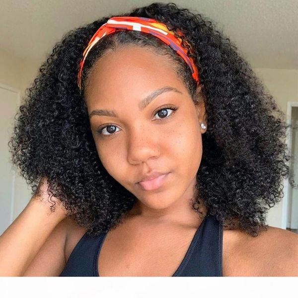 

glueless afro kinky curly remy human hair headband wig 150 affordable full wig with headband beginner friendly scarf 8-26, Black;brown