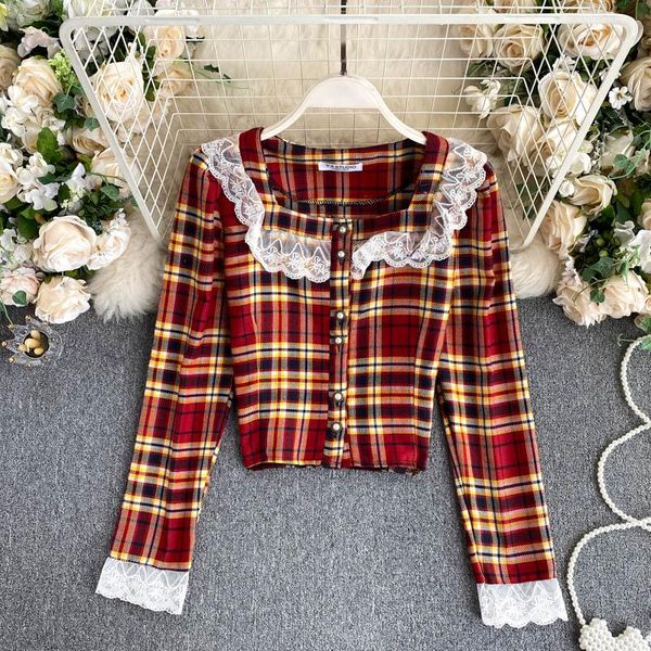 

lady new fashion lace plaid shirt women's long sleeve 2020 autumn sweet long sleeve elegant vintage blouse clothing p728, White