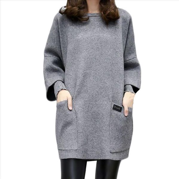 

women autumn fashion o-neck mini dress winter warm fake two-piece long sleeve pocket pure color ladies casual dresses#y4, Black;gray