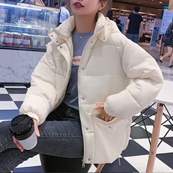 

2020 autumn winter casual solid loose cotton padded coat warm thickness padded outwear jacket women large fur collar1, Black
