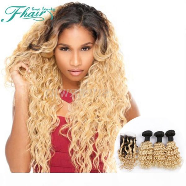 

8a brazilian hair deep curly 3 bundles with 4*4 lace closure 1b 613 dark roots omber human hair with lace closure, Black