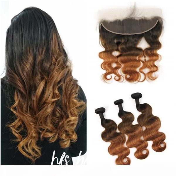 

dark roots brazilian virgin hair extensions 3bundles with lace frontal closure 1b 4 30 brown auburn hair body wave lace frontal with bundle, Black;brown