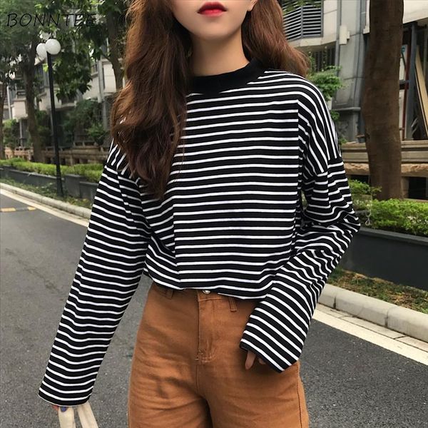 

t shirts women retro striped long sleeve leisure simple students all match t shirt soft warm korean womens autumn fashion, White