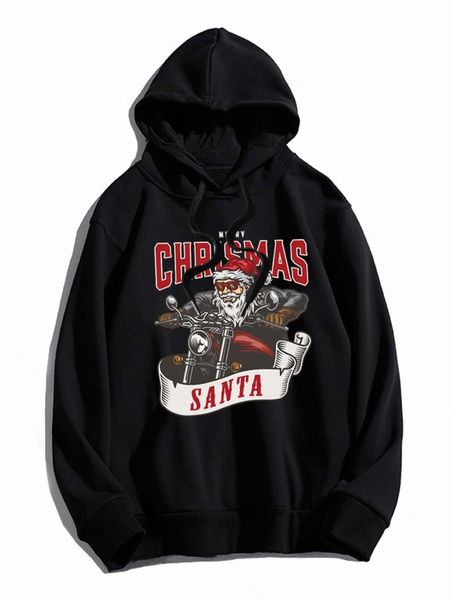 

men christmas print drawstring hoodie 82pu#, Black