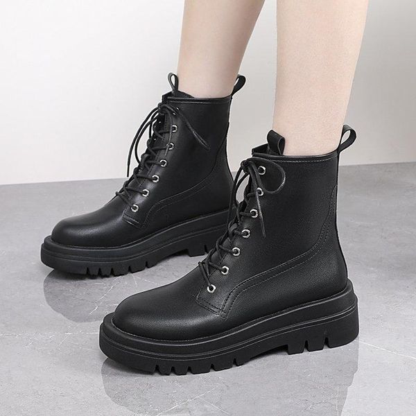 

new fashion solid color locomotive handsome zapatos de mujer retro british style lacp-up side zipper martin boots shoes women, Black