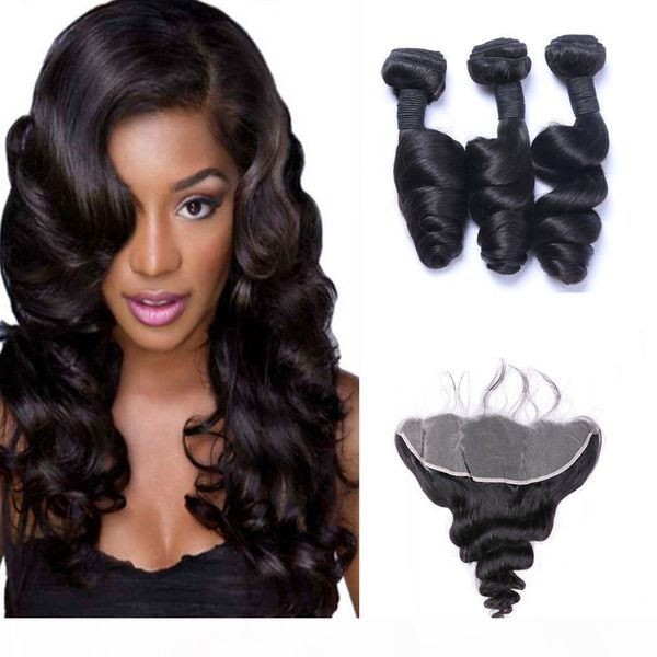 

brazilian loose wave human hair weaves 3 bundles with 13x4 lace frontal ear to ear full head natural color can be dyed human hair, Black