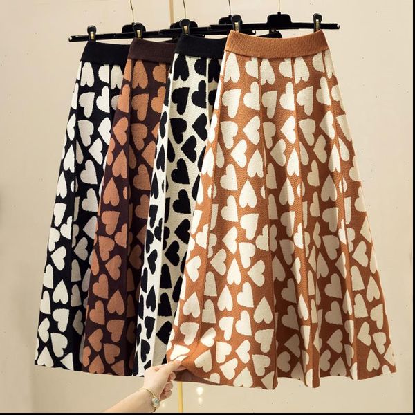 

love print knitted skirts womens autumn winter 2020 high waist slim long skirt for women casual fashion a line skirt black khaki