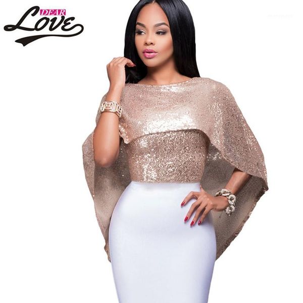 

wholesale- dearlove fashion women 2017 party women shirt long sleeve blusas y camisas mujer blush gold sequins cape lc259991, White;black