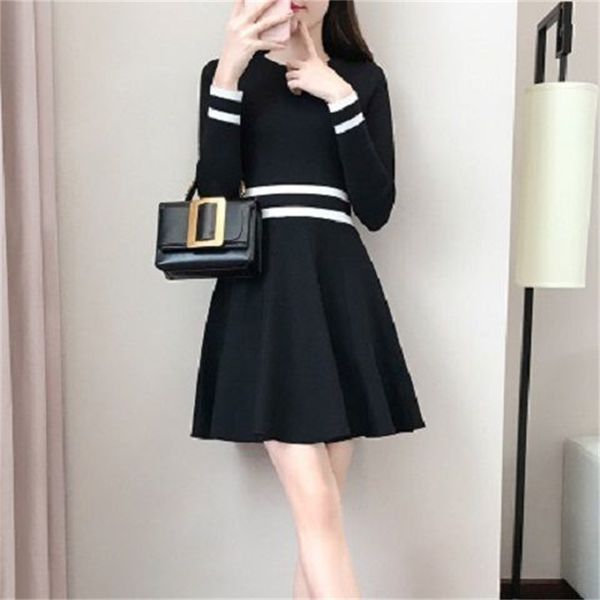 

2021 new feminino longo vestidos malha torno pescoo estiramento de manga comprida elegante inverno listrado camisola mgd0, Black;gray