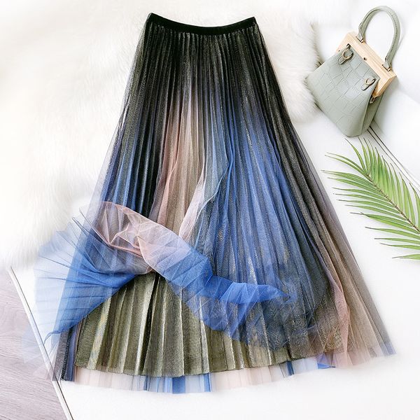 

new 2021 women a-line summer gradient color pleated stretch high waist long skirt femme elegant jupe saia xdyk, Black