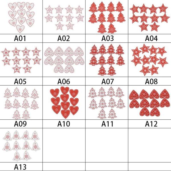 

10pcs 5см красный белый сердце звезды деревянные рождественские украшения висячие подвески xmas tree декор для дома diy wood craft новый год