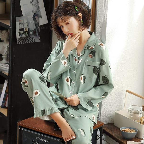 

july's song avocado printed women's pajamas sets long sleeve turn down collar shirt pants homewear cute patchwork sleepwear 201113, Black;red