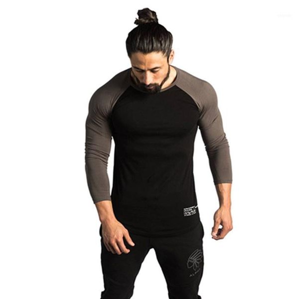 

running jerseys compression sports gym fitness long-sleeved t-shirt men's slim training wear three-quarter workout breathable sleeve1, Black;blue