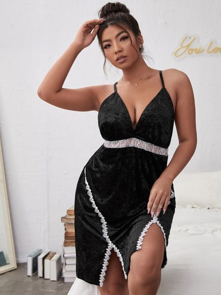 

plus lace trimed velvet nightdress x8k8#, Black;white