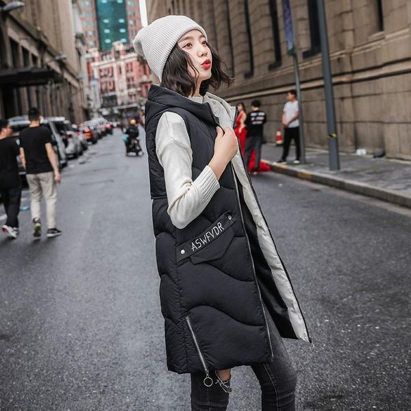 

colete feminino casaco feminino cotton vest female jacket long section spring and autumn winter hooded casual loose waistcoat, Black;white