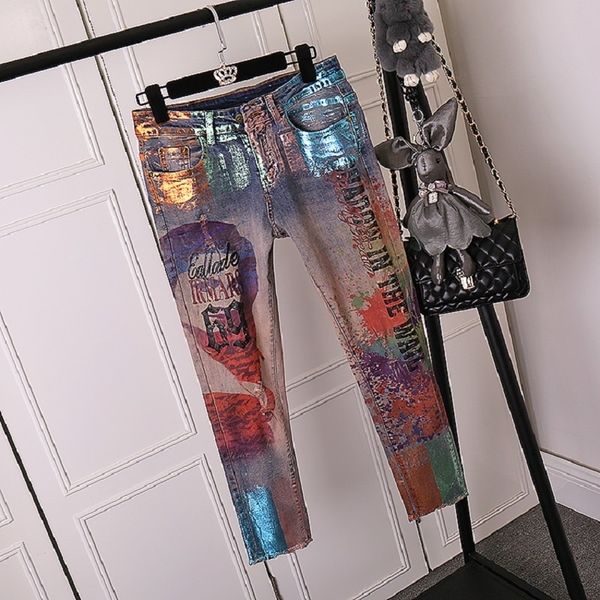 LUCKY STAR 3D-Applikationsmuster Painted Jeans Momen Straight Elegant Style Ripped Vintage Pattern Skinny Jeans D237 201029