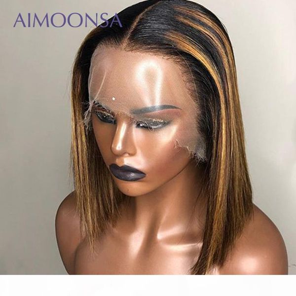 

honey blonde lace front wigs straight human hair wigs ombre wig 13x6 deep part short bob natural hair malaysian remy aimoonsa, Black;brown