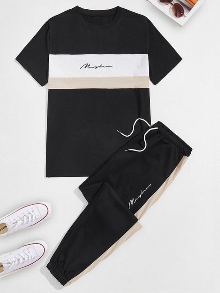 

men letter graphic colorblock tee and sweatpants set q7yq#, Gray