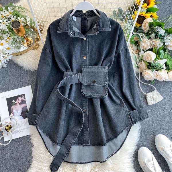 

women's denim shirt dress straps waist thin single-breasted pockets jacket cowboy blouses belted cardigan a-line dress vestido, Black;gray