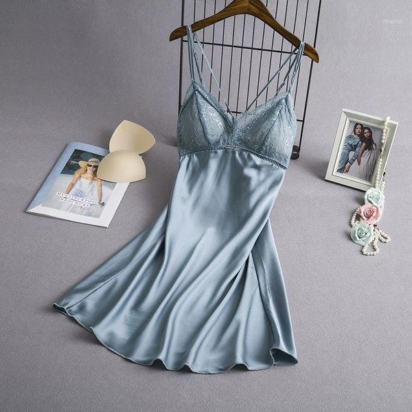 

2019 new satin nighty lady sleepwear spaghetti strap nightdress home clothes silky nightgown lace patchwork homedress1, Black;red