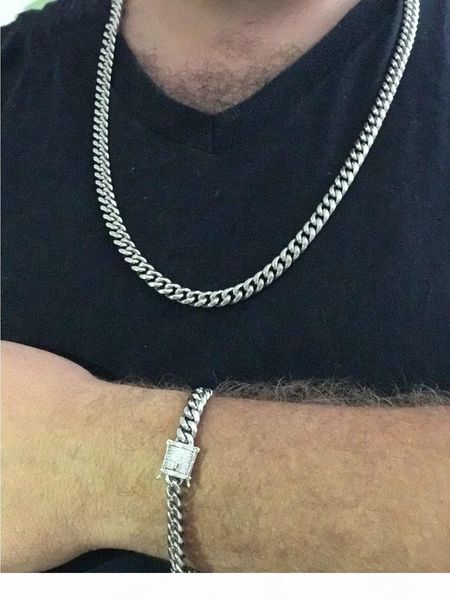 

10mm mens cuban miami link bracelet chain set rhinestone cz clasp stainless steel gold hip hop necklace chain jewelry set, Silver