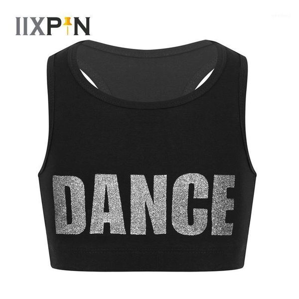

iixpin kids girls ballet class costumes bra sleeveless racer back shiny letters dance printed crop sports bra for dance1, Black;red