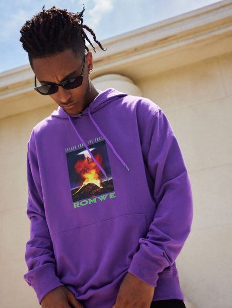 

romwe guys letter volcano graphic kangaroo pocket drawstring hoodie u3xb#, Black