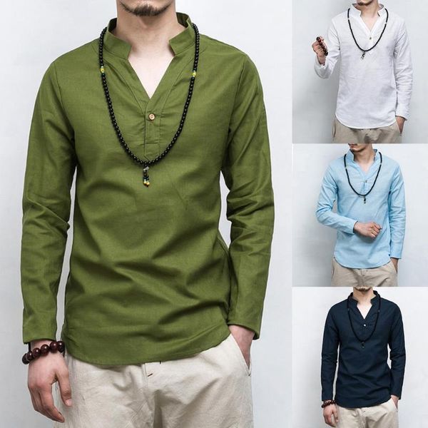 

vintage men solid color long sleeve v neck linen cotton button pullover shirt long sleeve regular men shirt great gifts, White;black