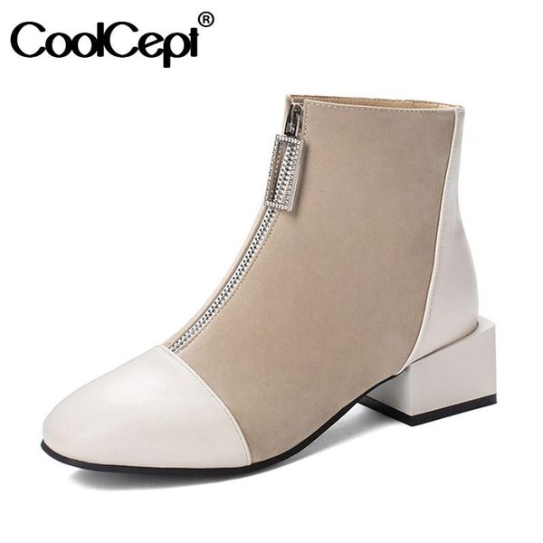 

coolcept size 31-43 women ankle boots zipper fashion thick heel warm winter shoes woman short boot office lady daily footwear, Black