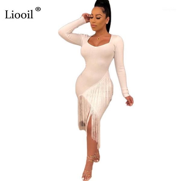 

liooil black white tassel bodycon midi dress women 2019 fall asymmetrical long sleeve night club party tight fitted dresses1, Black;gray