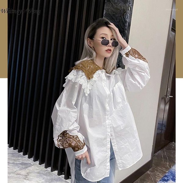 

whitney wang blouses 2020 spring fashion lace patchwork asymmetrical collar oversize blouse women blusas lady shirt, White