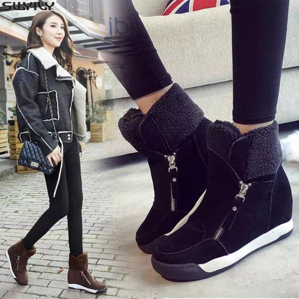 

boots swyivy nubuck solid woman booties plush wedge shoes winter 2021 casual warm zip snow ankle for women 40, Black