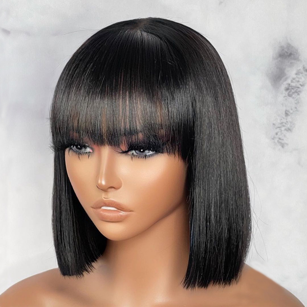 

lx brand brazilian straight human hair wigs with bangs short bob wig fringe wig human hair full machine wigs for women full no lace wigfacto, Black