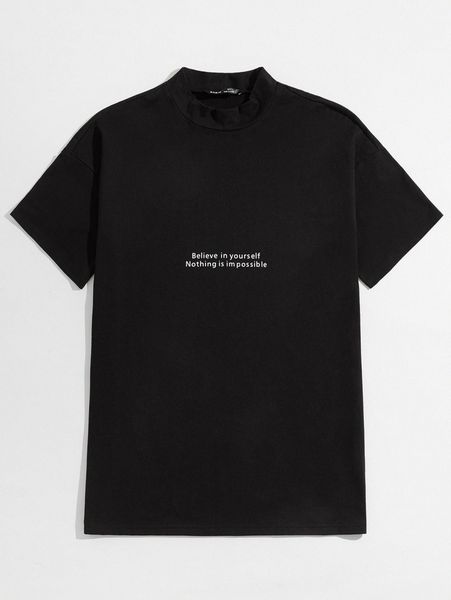 

men drop shoulder mock neck slogan graphic tee d5jj#, White;black