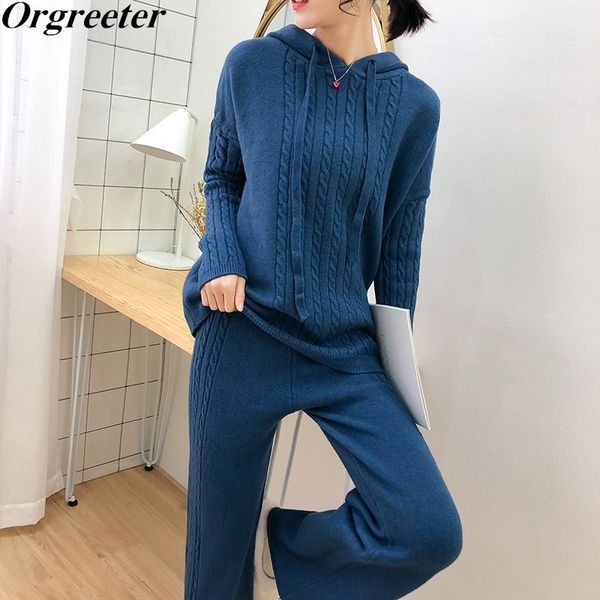 

woman twist sweater suits casual knit tracksuit hoodes sweashirt pullovers +wide leg pants two piece sets female outfits y201128, White
