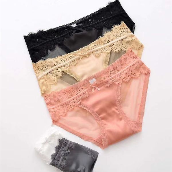 

women's underwear transparent mesh comfortable cotton crotch pants thin lace briefs, Black;pink