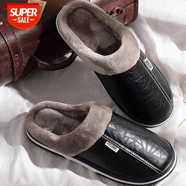 

men slippers leather home slippers for men waterproof warm house male fur slippers couple platform fluffy big size 50 #vy6r, Black