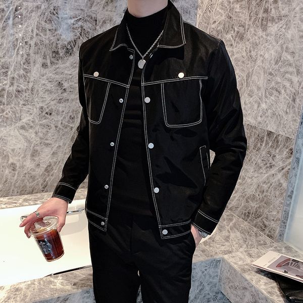 

2020 korea skinny fashion single-fitting breasted casual chaquette wedgie motorcycle leather jackets from male n6pc, Black