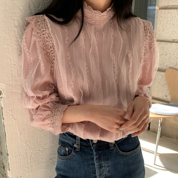 

2021 new chiffon fashionable solid shirts jungle mesh puff sleeve women's blouse office lady autumn spring ylwk, White